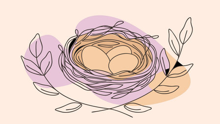 Soft outline vector design featuring intimate close-up with warm morning glow lighting, evoking a nurturing and serene atmosphere through minimalistic lines and gentle shading. Ideal for applications in greeting cards, children's books, eco-branding, stationery, and digital decor, appealing to designers in lifestyle, education, and nature conservat. AI-generated vector illustration. AI-generated illustration.のイラスト素材