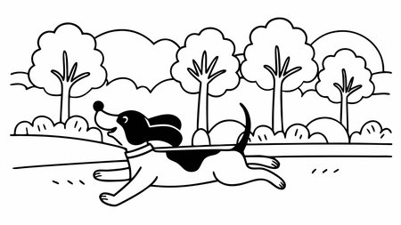 Minimalist single-line vector art captures dynamic motion and joyful energy through extended limbs and horizontal speed composition. Green park lighting enhances the happy, free-spirited mood, ideal for pet industry graphics, children's books, fitness apps, and lifestyle . Versatile scalable design suits websites, merchandise, and promotional mater. AI-generated vector illustration. AI-generated illustration.のイラスト素材