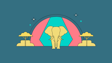 A creative digital illustration depicting Simple vector elephant silhouette in profile, centered majestic composition, soft blue gradient lighting, minimalist flat style, wise and serene mood, professional 123RF stock.. This AI-generated artwork features unique visual elements suitable for various commercial and editorial applications. AI-generated illustration.のイラスト素材