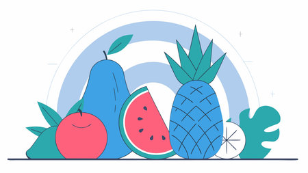 Embrace a minimalist style with precise vector line outlines in layered circular compositions and cool blue-toned lighting, evoking a refreshing exotic mood. Perfect for applications like healthy food packaging, tropical beverage labels, wellness branding, and digital graphics. Scalable format ideal for print, web, and versatility. . AI-generated vector illustration. AI-generated illustration.のイラスト素材