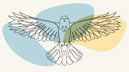 A creative digital illustration depicting Vector simple bird: eagle in soaring line art, wings spread wide composition, bright sky blue lighting, powerful freedom mood, crisp stock vector.. This AI-generated artwork features unique visual elements suitable for various commercial and editorial applications. AI-generated illustration.のイラスト素材