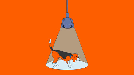 Minimalist vector artwork with clean outlines, earthy tones lighting, and low-angle composition evoking curiosity and adventure. Ideal for pet branding, animal merchandise, promotional graphics, apparel prints, and digital media targeting dog enthusiasts and lifestyle markets. Versatile scalable design enhances projects in veterinary and outdoor in. AI-generated vector illustration. AI-generated illustration.のイラスト素材