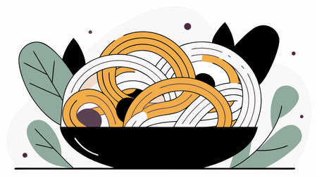 Minimalist single continuous line artwork in thin black ink on white, conveying dynamic twirling motion and rustic Italian gourmet essence through fluid, elegant strokes. Perfect for culinary branding, restaurant menus, food packaging labels, and promotional graphics appealing to designers and hospitality professionals. Scalable vector format ensures high-qua. AI-generated vector illustration. AI-generated illustration.のイラスト素材