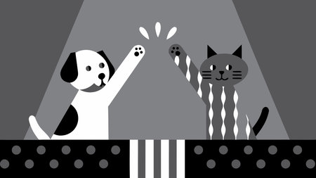 Bold stroke outline artwork with dynamic celebratory flash lighting and high-spirited yellow hues, evoking triumphant camaraderie and joyful energy in vertical action composition. Perfect for pet-themed branding, social media graphics, greeting cards, children's books, and motivational merchandise. Versatile design suits digital animations, print media, and y. AI-generated vector illustration. AI-generated illustration.のイラスト素材