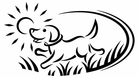 Dynamic vector line art with minimalist strokes and circular motion composition, evoking hilarious energy and fun pet playfulness in a sunlit outdoor vibe. Ideal for pet product packaging, humorous greeting cards, children's books, social media graphics, and branding targeting animal lovers and families. Scalable design suits versatile uses in prin. AI-generated vector illustration. AI-generated illustration.のイラスト素材