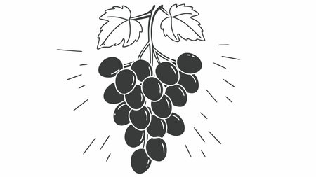 Elegant vector line art design with a cluster of purple grapes dangling from a vine, illuminated by subtle glow for a luxurious and fresh aesthetic. Ideal for upscale wine branding, gourmet fruit packaging, premium beverage labels, and visuals in hospitality and food industries. Clean minimalist style offers versatility for print, web, and advertisi. AI-generated vector illustration. AI-generated illustration.のイラスト素材