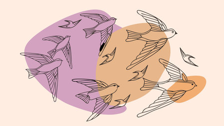 Dynamic vector artwork with swirling bird motifs evoking graceful flight and fresh spring energy through elegant lines and fluid composition. Ideal for textiles, wallpapers, stationery, apparel graphics, and branding in fashion, home decor, and industries. The scalable, versatile style offers broad appeal for designers seeking modern, n. AI-generated vector illustration. AI-generated illustration.のイラスト素材