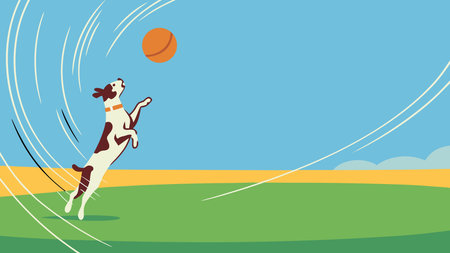 Dynamic minimalist vector artwork depicting a dog's playful fetch action in a single continuous line. Featuring an action arc composition with motion blur lines for added energy and a highlighted orange ball, it conveys excitement and sporty vibe. Ideal for pet products, sports branding, apparel prints, and digital media. Versatile scalable design for commerc. AI-generated vector illustration. AI-generated illustration.のイラスト素材