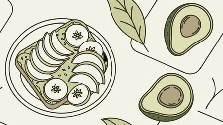 Sleek minimalist line art in vibrant green tones with soft brunch lighting, evoking a trendy and nutritious atmosphere through clean vector strokes. Ideal for applications in food blogging, restaurant menus, health apps, wellness packaging, and social media graphics. Versatile design suits modern digital and print projects for food enthusiasts and . AI-generated vector illustration. AI-generated illustration.のイラスト素材