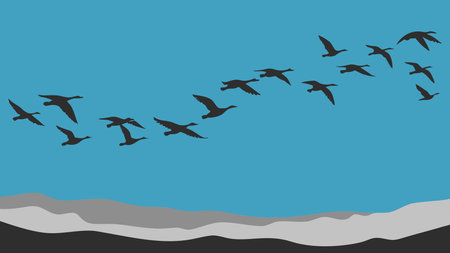 Minimalist vector line art style featuring clean lines and panoramic composition under soft cloudy day lighting, evoking themes of migration, unity, and natural freedom. Versatile for applications in environmental posters, wildlife campaigns, travel graphics, educational materials, and branding for conservation organizations. Scalable design suits . AI-generated vector illustration. AI-generated illustration.のイラスト素材