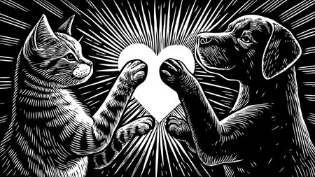 Vibrant digital artwork showcasing playful unity through mirrored paw gestures in a centered, friendly composition. Contrasting colors and heart sparkle lighting create a fun, whimsical mood ideal for pet brands, greeting cards, social media posts, apparel designs, and targeting animal enthusiasts. Versatile style suits modern graphic projects emp. AI-generated vector illustration. AI-generated illustration.のイラスト素材