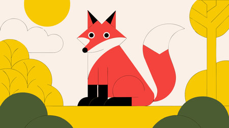 Clean flat outline vector design with minimal fills evokes a cunning and alert mood under soft dawn lighting in a forest setting. Ideal for graphic designers seeking versatile assets in children's literature, educational graphics, wildlife branding, apparel prints, and web elements. Its simple composition ensures scalability and adaptability across digital an. AI-generated vector illustration. AI-generated illustration.のイラスト素材