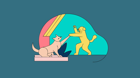 Dynamic flat design vector art with bold colors, interactive curved composition, and playful shadow lighting evoking an energetic, friendly mood. Perfect for applications in pet product packaging, children's educational materials, greeting cards, and fun social media graphics. Scalable and versatile for designers targeting animal enthusiasts and fa. AI-generated vector illustration. AI-generated illustration.のイラスト素材