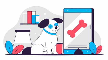 Charming vector illustration in flat design style featuring soft lighting and an endearing, curious mood. Ideal for pet industry , greeting cards, children's books, apparel prints, and social media graphics appealing to animal enthusiasts and families. Versatile artistic approach ensures scalability and broad appeal in digital and print me. AI-generated vector illustration. AI-generated illustration.のイラスト素材