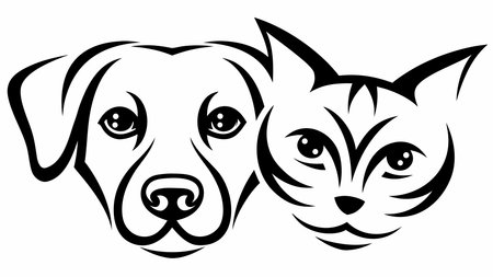 Embrace simplicity with this flat vector illustration of merged dog and cat faces, highlighting subtle eye shines that convey curiosity and unity. Ideal for uses in pet product packaging, social media graphics, logos, and merchandise targeting animal enthusiasts. The clean, modern aesthetic offers high versatility in design projects. . AI-generated vector illustration. AI-generated illustration.のイラスト素材