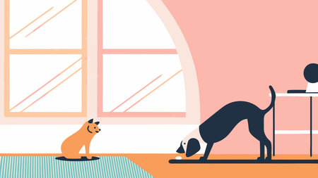 Captivating minimalist style with a single continuous line forming an interactive curved composition under warm indoor light, evoking a curious and endearing mood. Suitable for use in pet product packaging, educational materials for kids, apparel prints, and social media content for animal enthusiasts. The clean, versatile design adapts seamlessly . AI-generated vector illustration. AI-generated illustration.のイラスト素材