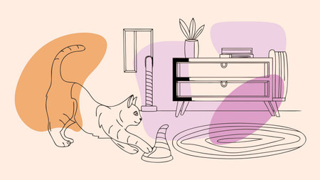 Whimsical outline vector design evoking a spirited and playful hunter atmosphere with subtle indoor lighting. Ideal for pet industry , children's books, fun posters, apparel prints, and web graphics targeting cat lovers and creative agencies. Clean, scalable format perfect for diverse applications in digital and print media. . AI-generated digital illustration. AI-generated vector illustration. AI-generated illustration.のイラスト素材