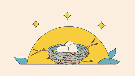 Delicate vector illustration evoking a maternal spring atmosphere with soft dawn hues and nurturing textures in a cozy dome arrangement. Ideal for use in baby products, seasonal stationery, and eco-friendly branding targeting families and nature enthusiasts. The minimalist style offers high versatility for digital and print media. . AI-generated vector illustration. AI-generated illustration.のイラスト素材