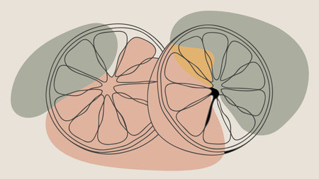 Sophisticated one continuous line vector artwork with symmetrical circular composition and subtle highlight glows, capturing a juicy, vibrant, and fresh mood through minimalistic elegance. Ideal for applications in food packaging, restaurant menus, beverage branding, digital wallpapers, and lifestyle graphics targeting culinary professionals and de. AI-generated vector illustration. AI-generated illustration.のイラスト素材
