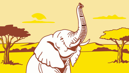 Dynamic vector line art crafted in continuous single stroke style, illuminated by warm savanna sunset hues to evoke majestic joy and uplifting energy. Perfect for graphics like greeting cards, t-shirt designs, posters, logos, and merchandise in wildlife tourism and conservation sectors. Scalable minimalist aesthetic suits digital and print media fo. AI-generated vector illustration. AI-generated illustration.のイラスト素材