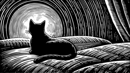 A creative digital illustration depicting Vector line cat silhouette lounging, relaxed curve composition, minimalist black strokes, evening twilight lighting, calm and regal mood, premium vector stock.. This AI-generated artwork features unique visual elements suitable for various commercial and editorial applications. AI-generated illustration.のイラスト素材