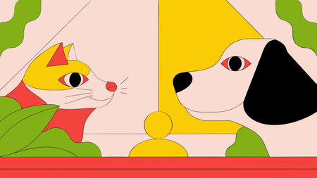 Delightful flat vector design evoking warmth and curiosity through an intimate close-up view with eye-level lighting that highlights emotional connection and friendship. The clean, minimalist style conveys pure bonding joy ideal for versatile uses. Perfect for pet accessories branding, greeting cards, social media graphics, animal welfare ads, and . AI-generated vector illustration. AI-generated illustration.のイラスト素材