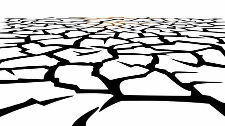 Evocative digital artwork presenting a vast, fractured arid terrain under a glowing orange dusk sky,...