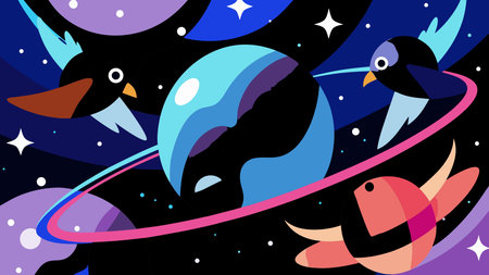 A creative digital illustration depicting Cosmic vector abstract birds orbiting like planets,...
