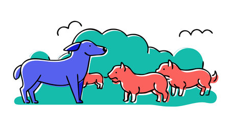 Dynamic vector artwork in working illustration style, conveying a diligent rural mood through wide landscape composition and warm golden field lighting with pastoral greens and woolly whites. Ideal for agricultural branding, farm education visuals, rural lifestyle ads, and countryside merchandise. Scalable design suits print posters, website graphics, book co. AI-generated vector illustration. AI-generated illustration.のイラスト素材