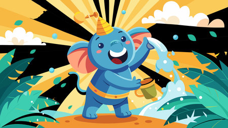 Watercolor blended vector style with splash-filled radial composition and tropical sun lighting evokes a refreshing, majestic mood through playful animal character design. Ideal for children's books, tropical merchandise, greeting cards, posters, and educational graphics appealing to designers, marketers, and young audiences. Versatile artwork boosts commerci. AI-generated vector illustration. AI-generated illustration.のイラスト素材