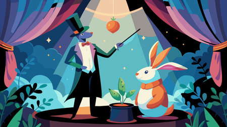 Charming whimsical vector artwork in soft pastel pinks and blues, capturing an enchanting magical mood with dramatic spotlight lighting and stage-like composition. Perfect for children's books, greeting cards, party invitations, fantasy merchandise, and educational materials. This playful design appeals to publishers, advertisers, event planners, and graphic . AI-generated vector illustration. AI-generated illustration.のイラスト素材