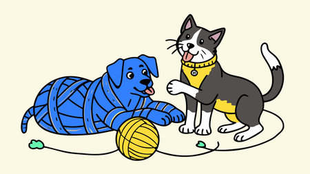 Playful vector illustration showcasing a cozy, warm atmosphere with endearing animal companionship and tangled fun. Perfect for applications in pet accessories, children's storybooks, holiday cards, and social media content aimed at families and pet enthusiasts. The affectionate style offers high versatility for branding and promotional materials. . AI-generated vector illustration. AI-generated illustration.のイラスト素材