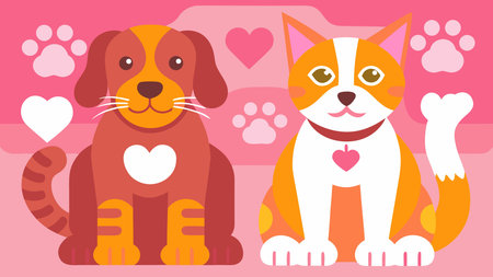 Vibrant vector illustration with a heartwarming mood, featuring clean lines, balanced horizontal composition, and warm tones with glossy highlights. Perfect for applications in pet care branding, children's media, greeting cards, and digital for animal lovers. Its crisp style ensures scalability and versatility across various formats and . AI-generated vector illustration. AI-generated illustration.のイラスト素材