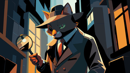 Captivating vector artwork in detective graphic novel style, featuring shadowy noir lighting and a close-up mystery composition that evokes an intriguing, clever mood. Ideal for applications like book covers, posters, campaigns, merchandise, and digital media targeting mystery fans, publishers, and graphic designers. Versatile, high-con. AI-generated vector illustration. AI-generated illustration.のイラスト素材