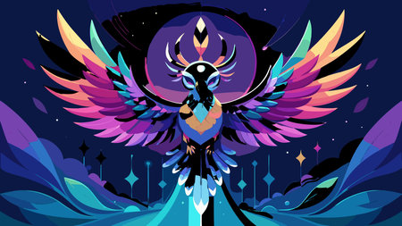 A creative digital illustration depicting Surreal vector abstract bird character with fractal wings soaring, dreamlike vertical composition, intricate graphic vector art, rainbow gradient feathers, mystical wondrous mood, cosmic soft lighting. This AI-generated artwork features unique visual elements suitable for various commercial and editorial applications. AI-generated illustration.のイラスト素材