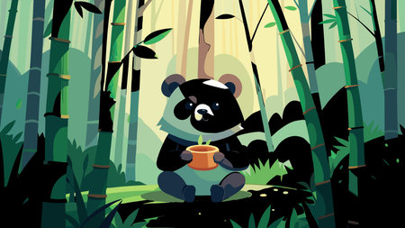 Whimsical chibi-style artwork with soft misty morning lighting, capturing a relaxed and peaceful mood through cute character proportions and serene composition. Ideal for children's books, greeting cards, apparel, stationery, and digital graphics targeting families, animal lovers, and youth markets. Versatile design enhances appeal in educational m. AI-generated vector illustration. AI-generated illustration.のイラスト素材