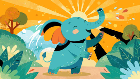 Textured painterly vector art with radial splash composition and vibrant tropical midday sun lighting, capturing a joyful and refreshing mood. Ideal for children's books, summer campaigns, educational materials, greeting cards, apparel prints, and digital banners. Versatile for graphic designers, advertisers, and publishers targeting family and yout. AI-generated vector illustration. AI-generated illustration.のイラスト素材