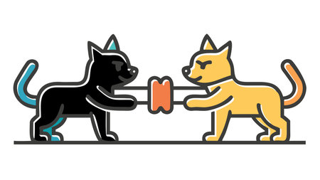 Dynamic vector artwork showcasing expressive animal characters in a competitive yet joyful interaction, with balanced composition, lively poses, and subtle shadow lighting for added depth and energy. Perfect for children's books, pet product ads, educational games, greeting cards, and fun social media graphics targeting families and pet lovers. Versatile desi. AI-generated vector illustration. AI-generated illustration.のイラスト素材