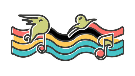 A creative digital illustration depicting Surreal vector abstract birds morphing into musical notes, flowing wave composition, psychedelic color shifts, iridescent prismatic lighting, dreamy and creative mood, artistic stock graphic.. This AI-generated artwork features unique visual elements suitable for various commercial and editorial applications. AI-generated illustration.のイラスト素材