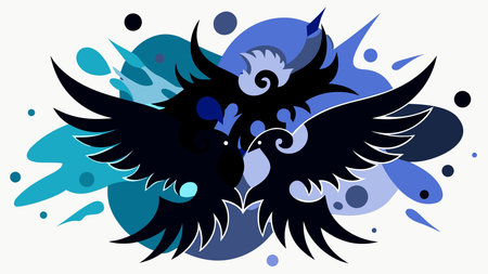 A creative digital illustration depicting Ethereal vector abstract birds in ink splash formation, explosive radial composition, brush stroke vector mimics, misty diffused lighting, expressive and fluid mood, 123RF premium.. This AI-generated artwork features unique visual elements suitable for various commercial and editorial applications. AI-generated illustration.のイラスト素材