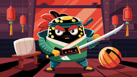 Dynamic vector artwork blending anthropomorphic food character with samurai valor, featuring bold red lantern lighting and intricate textured details for a fierce, honorable atmosphere. Perfect for sushi restaurant branding, menu designs, Japanese cuisine promotions, pop culture merchandise, and fun graphics. Versatile style suits digital prints, . AI-generated vector illustration. AI-generated illustration.のイラスト素材
