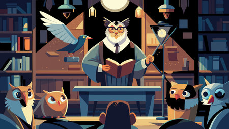 Playful whimsical vector illustration in character art style, evoking a wise and educational mood with warm lighting and bookish elements. Ideal for children's books, educational posters, classroom decor, and e-learning materials targeting young learners. Versatile design for publishing and whimsical graphics industries. . AI-generated digital illustration. AI-generated vector illustration. AI-generated illustration.のイラスト素材