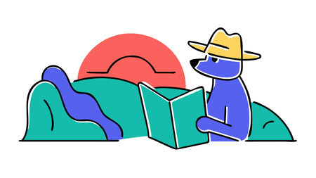 Bold vector graphic in travel poster style featuring panoramic landscape composition and warm golden sunset lighting, evoking an exploratory and optimistic mood. Ideal for tourism promotions, adventure travel branding, outdoor lifestyle , and motivational posters in graphic design projects. Versatile for digital media, print ads, and visua. AI-generated vector illustration. AI-generated illustration.のイラスト素材