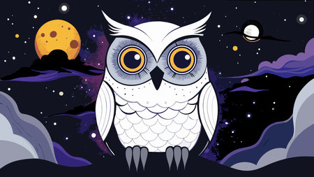 A creative digital illustration depicting Surreal vector abstract owl with cosmic eyes perched, asymmetrical night scene composition, ink wash vector emulation with starry nebula lighting, wise and enigmatic mood, professional illustration ar. This AI-generated artwork features unique visual elements suitable for various commercial and editorial applications. AI-generated illustration.のイラスト素材