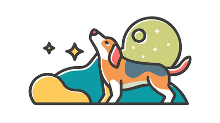 Whimsical vector artwork with dynamic upward composition and starry night lighting, showcasing a joyful expressive mood through tri-color spotted design. This playful illustration evokes fun and wonder, ideal for children's books, greeting cards, posters, apparel, and pet-themed merchandise. Versatile for designers targeting families, animal lovers, and adver. AI-generated vector illustration. AI-generated illustration.のイラスト素材