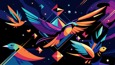 A creative digital illustration depicting Surreal vector abstract birds morphing into geometric shapes, asymmetrical flowing composition, cosmic starry lighting with sparkles, experimental graphic illustration style, mysterious and artistic m. This AI-generated artwork features unique visual elements suitable for various commercial and editorial applications. AI-generated illustration.のイラスト素材
