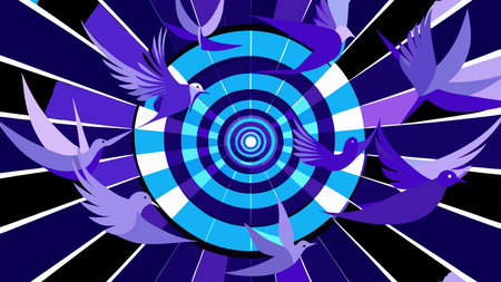 A creative digital illustration depicting Vector abstract birds flock in geometric patterns swirling upwards, radial symmetrical composition, modern abstract vector style with sharp edges, cool blue and purple gradients, ethereal backlit ligh. This AI-generated artwork features unique visual elements suitable for various commercial and editorial applications. AI-generated illustration.のイラスト素材