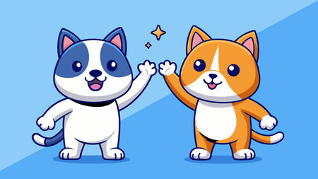 Vibrant chibi-style digital vector art featuring a symmetrical composition of friendly dog and cat...