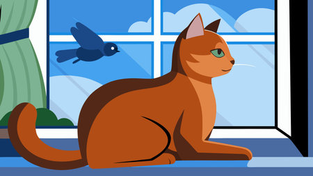 Elegant vector silhouette artwork featuring soft natural daylight effects and contemplative contours, capturing a serene, dreamy atmosphere with observant poise. Ideal for pet lifestyle branding, home decor posters, greeting cards, apparel prints, and digital media in animal enthusiast and wellness industries. Clean lines ensure scalability for versatile comm. AI-generated vector illustration. AI-generated illustration.のイラスト素材