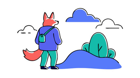 Detailed vector graphic style with earthy tones and dramatic sunset lighting evokes an adventurous, exploratory mood in a wide landscape composition. Ideal for applications including children's books, adventure posters, apparel prints, educational materials, and promotional graphics targeting young audiences, outdoor enthusiasts, and designers. Ver. AI-generated vector illustration. AI-generated illustration.のイラスト素材